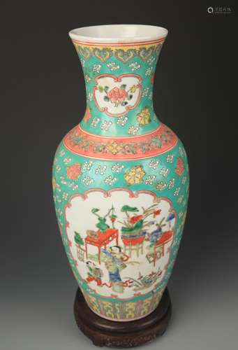 A TURQUOISE COLOR GROUND, FAMILLE ROSE GUAN YIN VASE