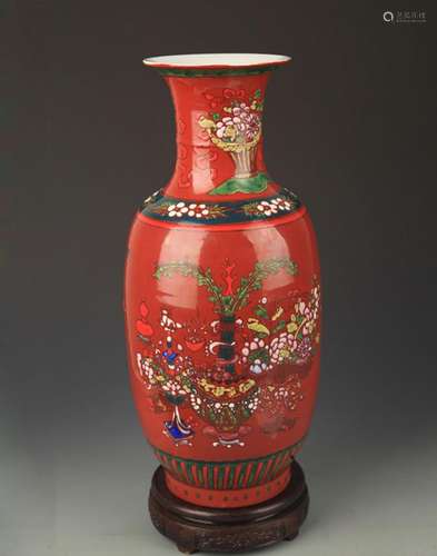 CORAL RED GROUND FAMILLE ROSE FLOWER PATTERN VASE