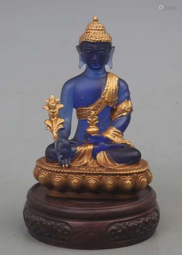 BLUE COLOR GLASS STATUE IN FIGURE OF PHARMACIST BUDDHA