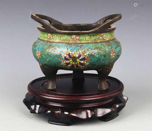 A BRONZE CLOISONNE ENAMEL DOUBLE EAR CENSER