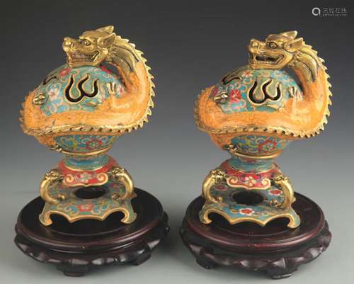 PAIR OF CLOISONNE ENAMEL DRAGON STYLE AROMATHERAPY BURNER