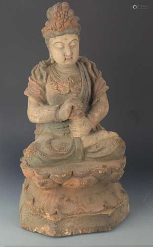 A CARVED AND PAINTED MANJUSRI BUDDHA