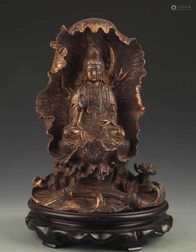 A BRONZE LOTUS GUAN YIN STATUE