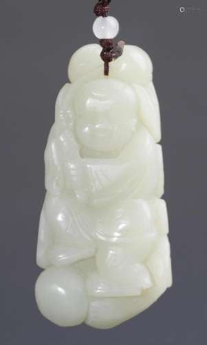 A GREENISH WHITE LUCKY BOY JADE PENDANT