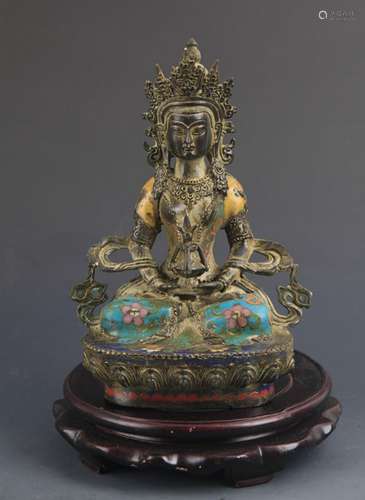 A BRONZE CLOISONNE ENAMEL LONGEVITY GOD FIGURE