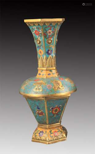 A CLOISONNE ENAMEL SIX SIDE LONG NECK VASE