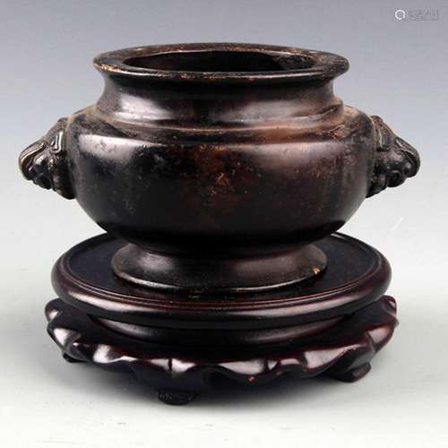 A DOUBLE LION EAR BRONZE CENSER