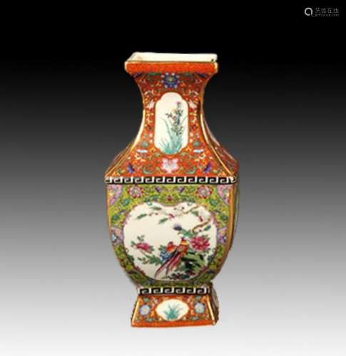 A CLOISONNE ENAMEL FLOWER PAINTED QUARTET VASE