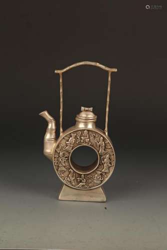 A FINELY CARVED ROUND BRONZE WATER EWER