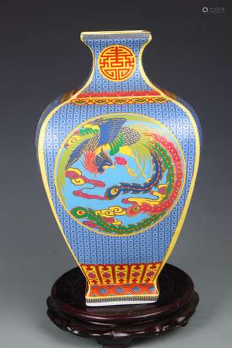 ENAMEL COLOR PHOENIX PATTERN SQUARE VASE