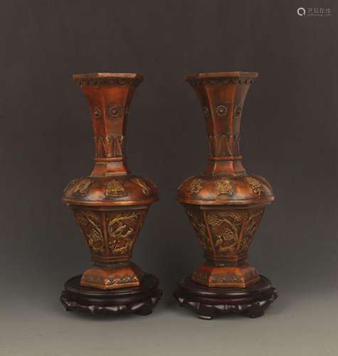 PAIR OF FINELY CARVED HEXAGONAL BOTTLE