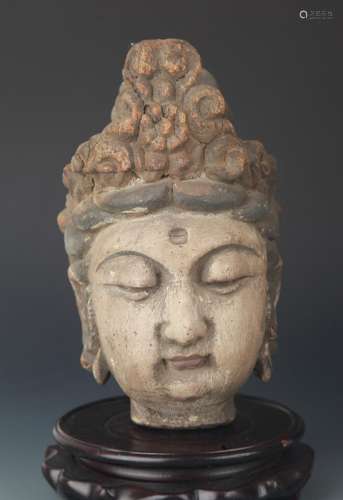 A CARVED AND PAINTED MANJUSRI BUDDHA HEAD
