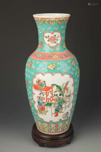 TURQUOISE GROUND STORY PAINTED GUAN YIN PORCELAIN VASE