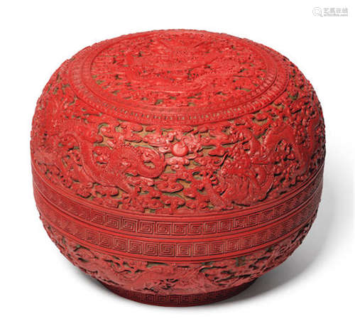 A rare and large carved three-colour cinnabar lacquer 'nine dragon'
boxand cover