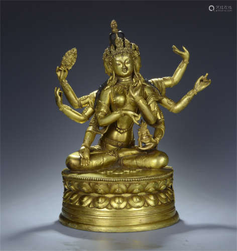 CHINESE GILT BRONZE SEATED EIGHT ARM GUANYIN