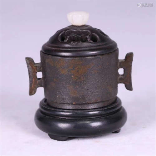 CHINESE BRONZE TWO HANDLES CYLINDERIAL CENSER WITH ROSEWOOD BASE AND COVER