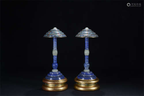 PAIR OF CHINESE LAPIS JADE CLOISONNE CANDLE HOLDERS