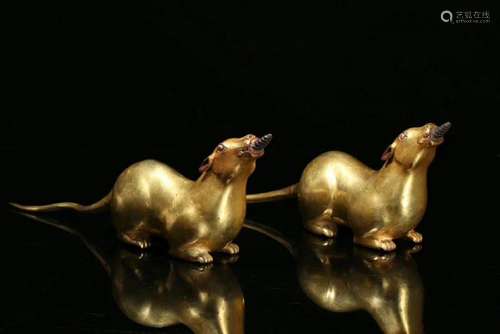 PAIR GILT BRONZE MOLDED MICE