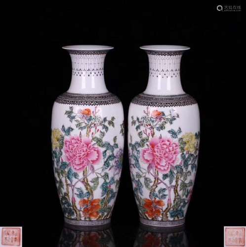 PAIR FAMILLE-ROSE BOTTLE VASES WITH MARK