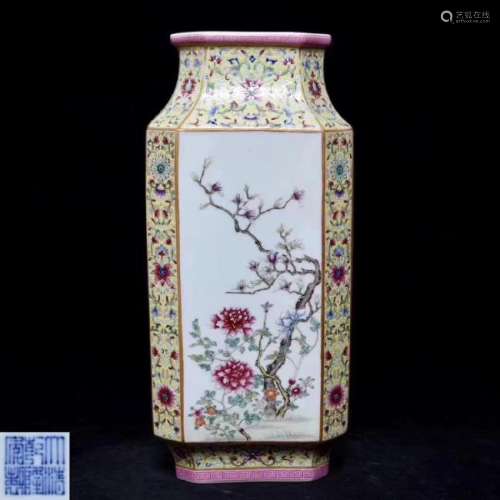 A FAMILLE-ROSE FOUR-SIDED VASE WITH QIANLONG MARK