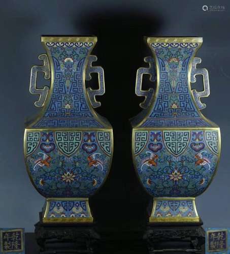 PAIR GILT CLOISONNE BOTTLE VASES