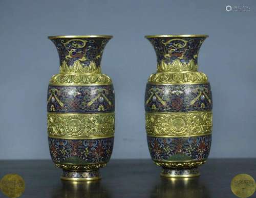 PAIR CLOISONNE ENAMELED DOUBLE-EAR VASES