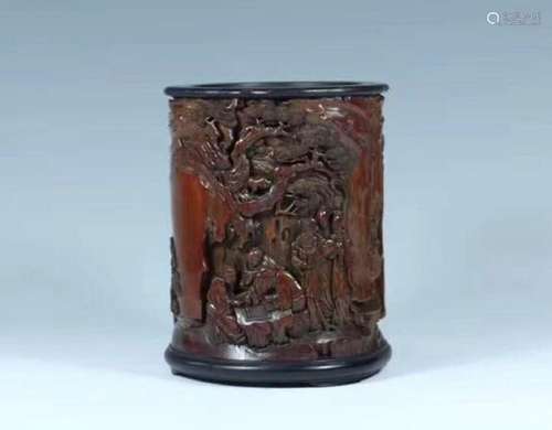 A BAMBOO WOOD CARVED BRUSH POT