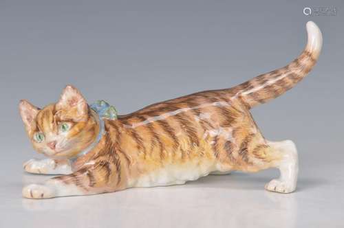 figurine, Meissen, 20th c., tabby cat with blue bow