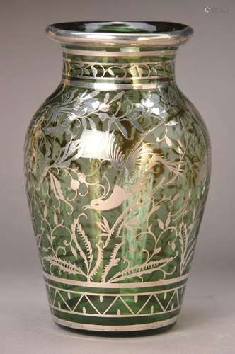 vase, German, around 1920, green glass with rich floral