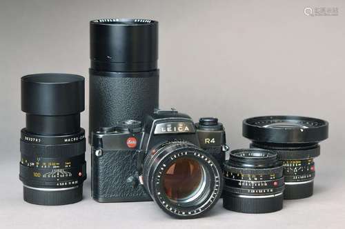 Camera Leica R 4 Mot, No. 1662045, with 4 Objectives: