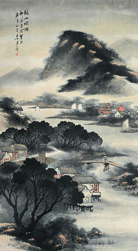 吴石僊（1845～1916） 溪山烟雨 原裱立轴 设色纸本