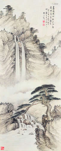 黄君璧（1898～1991） 秋山飞瀑 原裱立轴 设色纸本