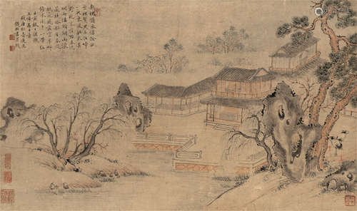 钱杜（1764～1845） 烟雨楼台 旧裱横轴 设色纸本