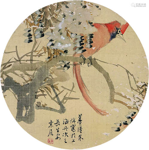 朱梦庐（1826～1900） 花鸟 原裱团扇 设色绢本