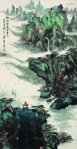 王康乐（1907～2006） 峡江帆影 立轴 设色纸本