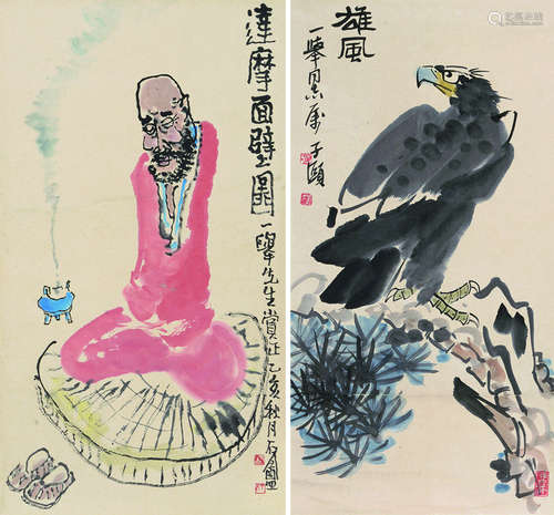 胡石盦（b.1925）  夏子颐（1918～2000） 达摩 松鹰 （二幅） 立轴 设色纸本