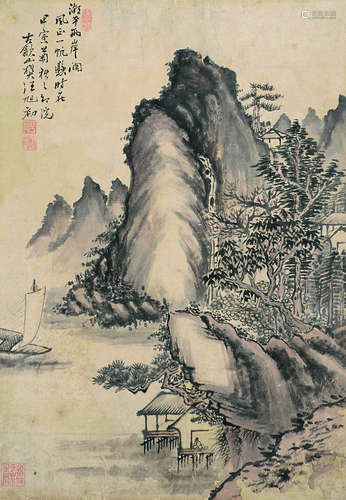 汪旭初（1890～1963） 两岸风帆 立轴 水墨纸本