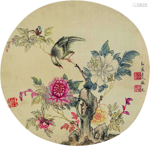 张光（1878～1970） 花鸟 团扇 设色绢本