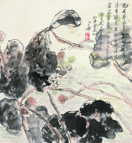 江文湛（b.1940） 荷花翠鸟图 立轴 设色纸本