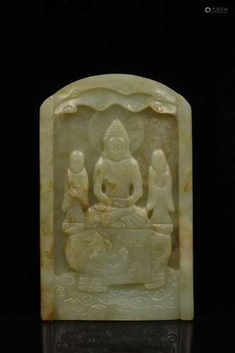 CHINESE CELADON JADE PLAQUE OF GUANYIN