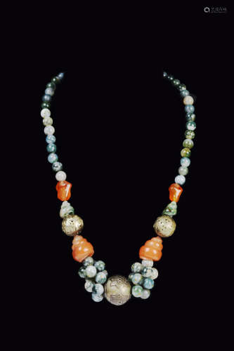 An Albite Jade, Agate, and Silver Bead Necklace