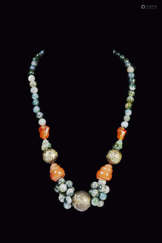 An Albite Jade, Agate, and Silver Bead Necklace