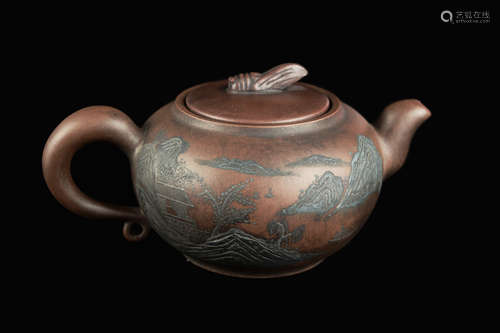 [Chinese] A Yixing Clay Teapot with Landscape Relief, sealed as 