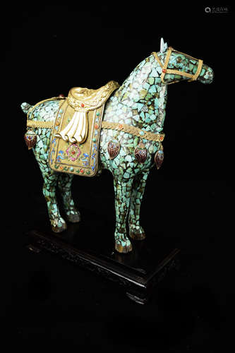 A Pair of Chinese Turquoise Chip Horse with Gilt Saddle