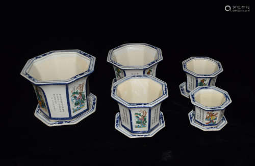 A Set of 5 Porcelain Flower Pots with Under Plates with Floral Design