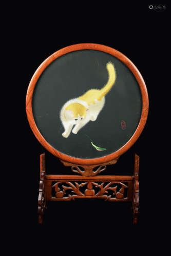 An Old Chinese Suzhou Double-Sided Embroidery of a Cat and a Grasshopper