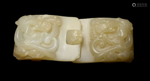 An Old Chinese White Jade Belt Hook Carved with Dragon and Beast Face
