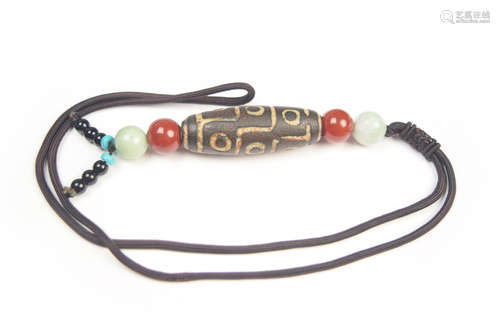 An Old Tibetan Burnt Nine-Eye Dzi Bead Pendant Necklace