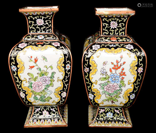 A Pair of Black Ground Cloisonne Enamel Rectangular Vase with Interlocking lotus and Windows of Portrait of Flowers