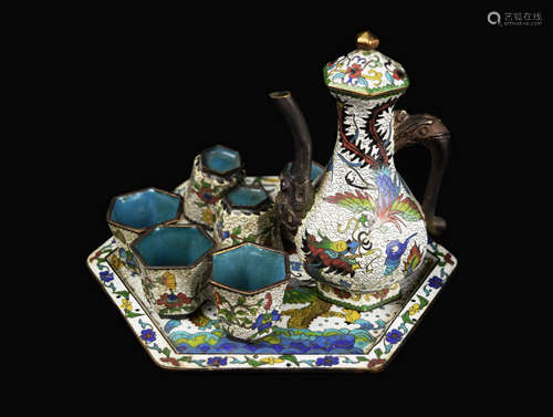 An Old Chinese Cloisonne Wine Set Painted with Dragon, Phoenix and Interlocking Flowers (8 pcs)